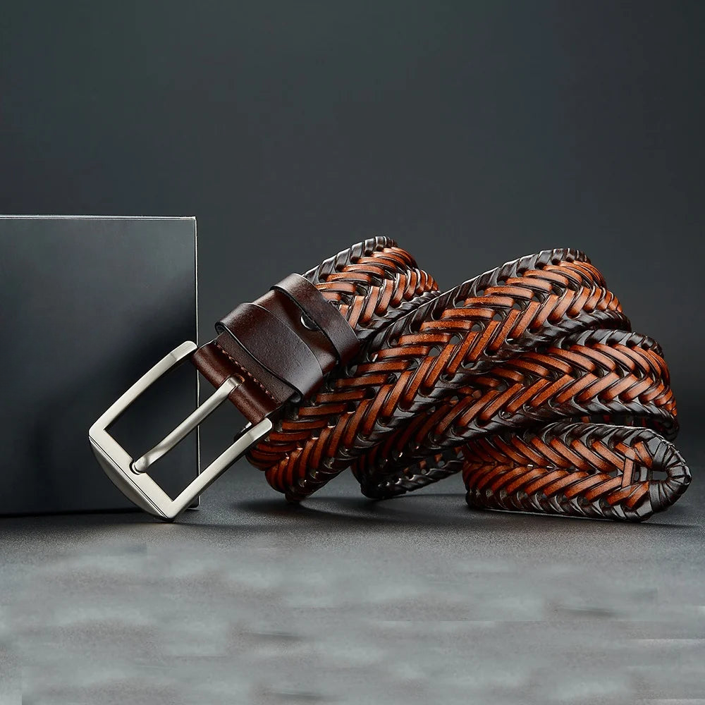 Men's Braided Belt – Rectangular Pin Buckle Woven Strap Smart Casual