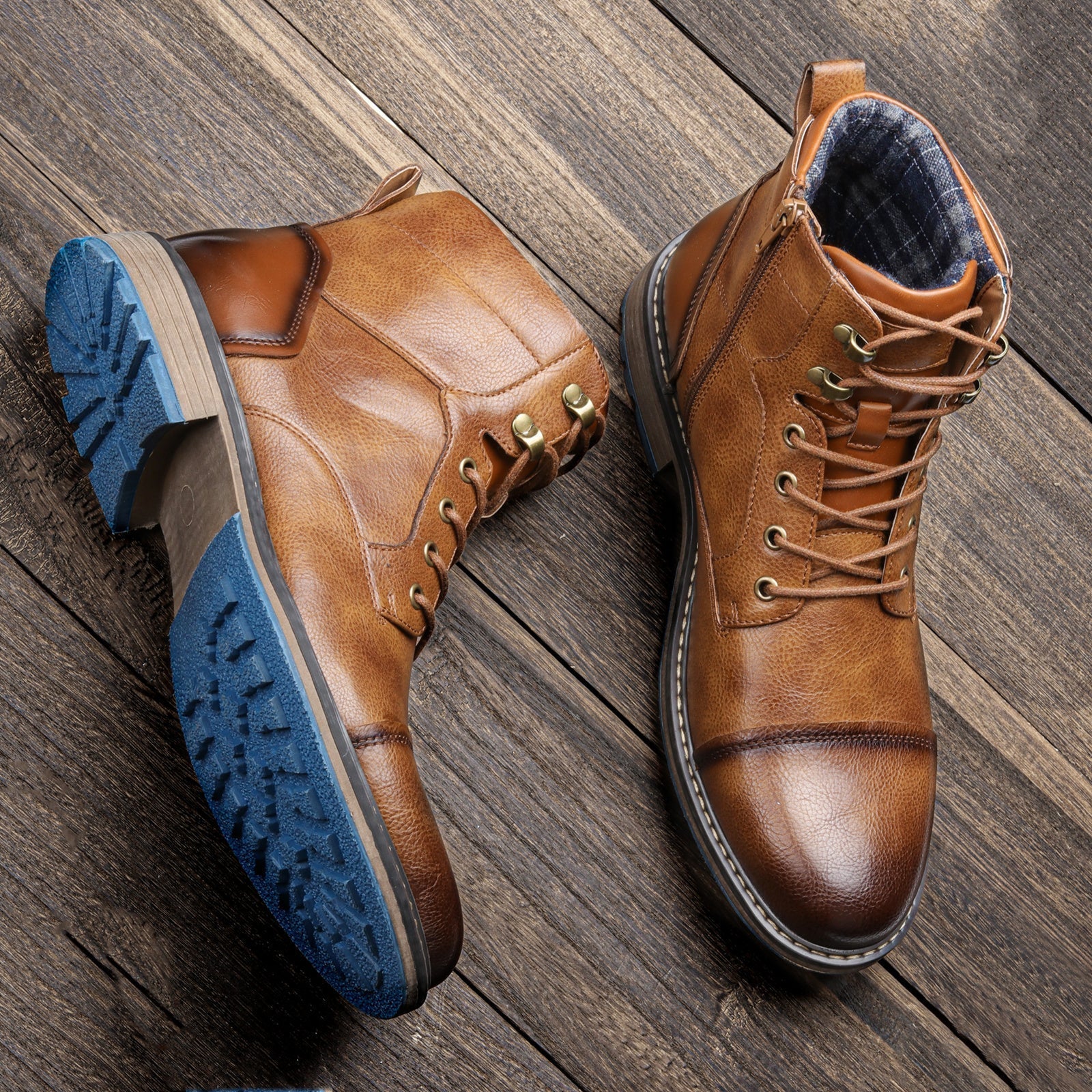 Men's Cap Toe Ankle Boots – Lace Up Side Zip Block Heel Casual