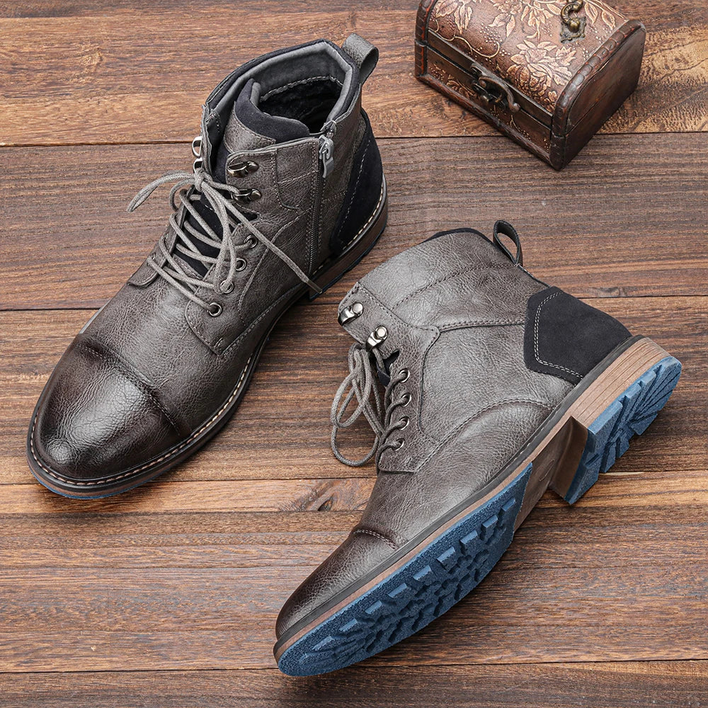 Men's Cap Toe Ankle Boots – Lace Up Side Zip Block Heel Casual