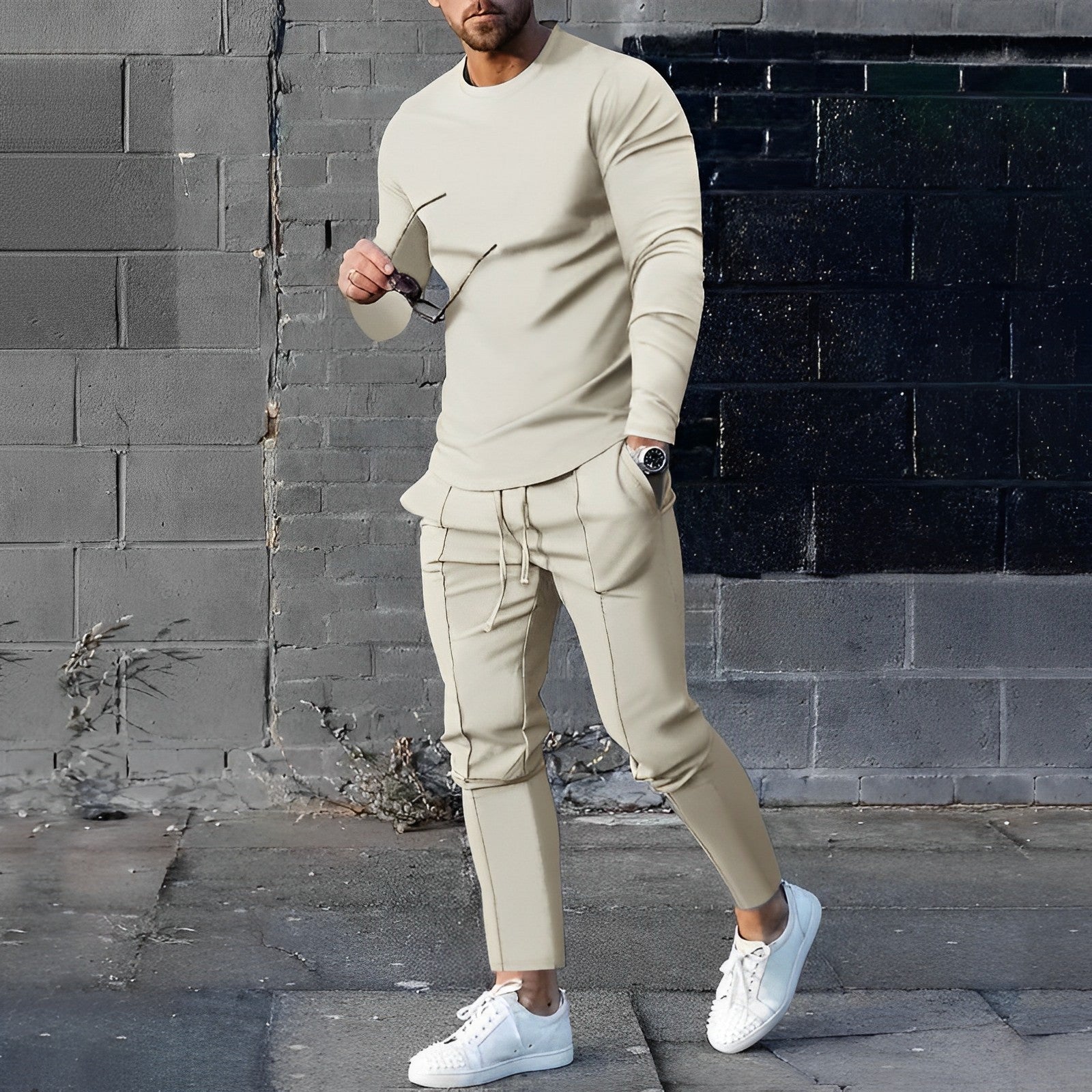 Men's Casual 2-Piece Lounge Set – Crew Neck Long Sleeve Drawstring Jogger