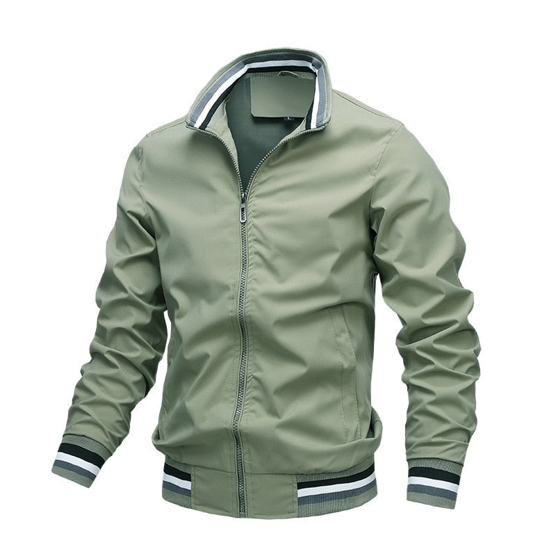 Men's Casual Bomber Jacket – Stand Collar Zip Front Striped Ribbed Trim
