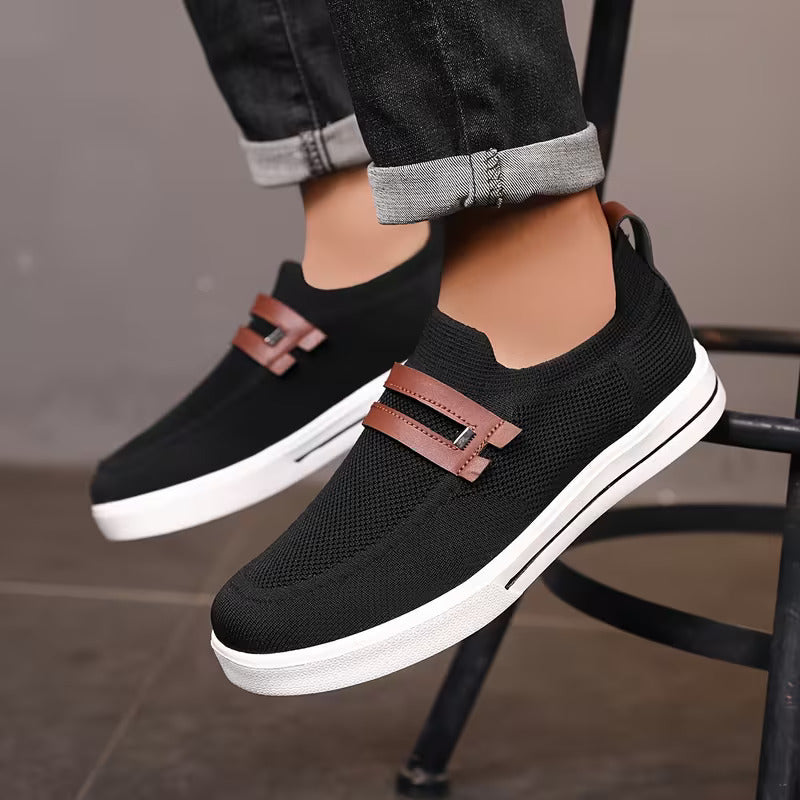 Men's Casual Knit Slip-On Loafers – Strap Detail Low Profile Everyday Shoes