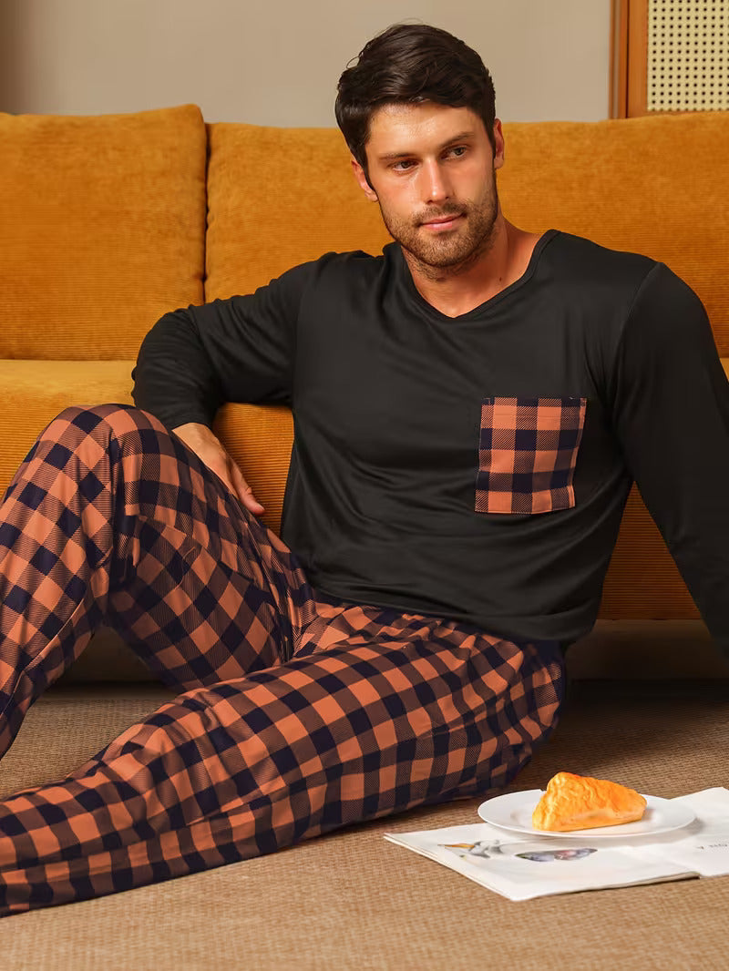 Men's Check Pajama Set – Crew Neck Long Sleeve Chest Pocket Nightwear