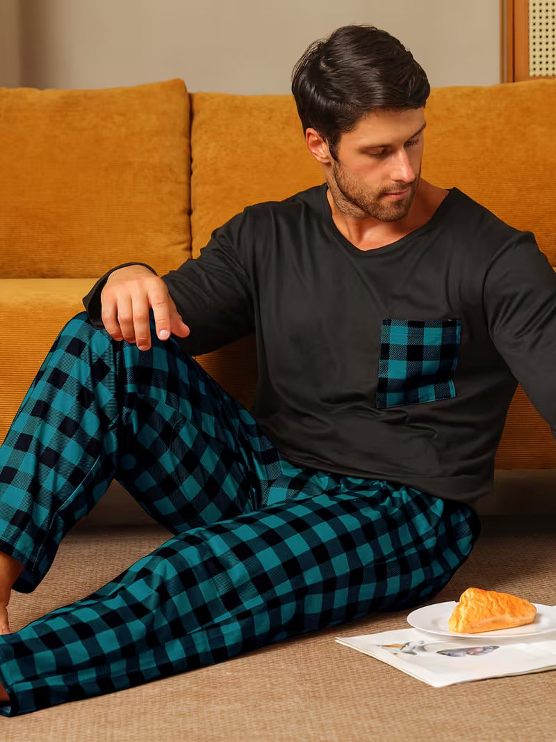 Men's Check Pajama Set – Crew Neck Long Sleeve Chest Pocket Nightwear