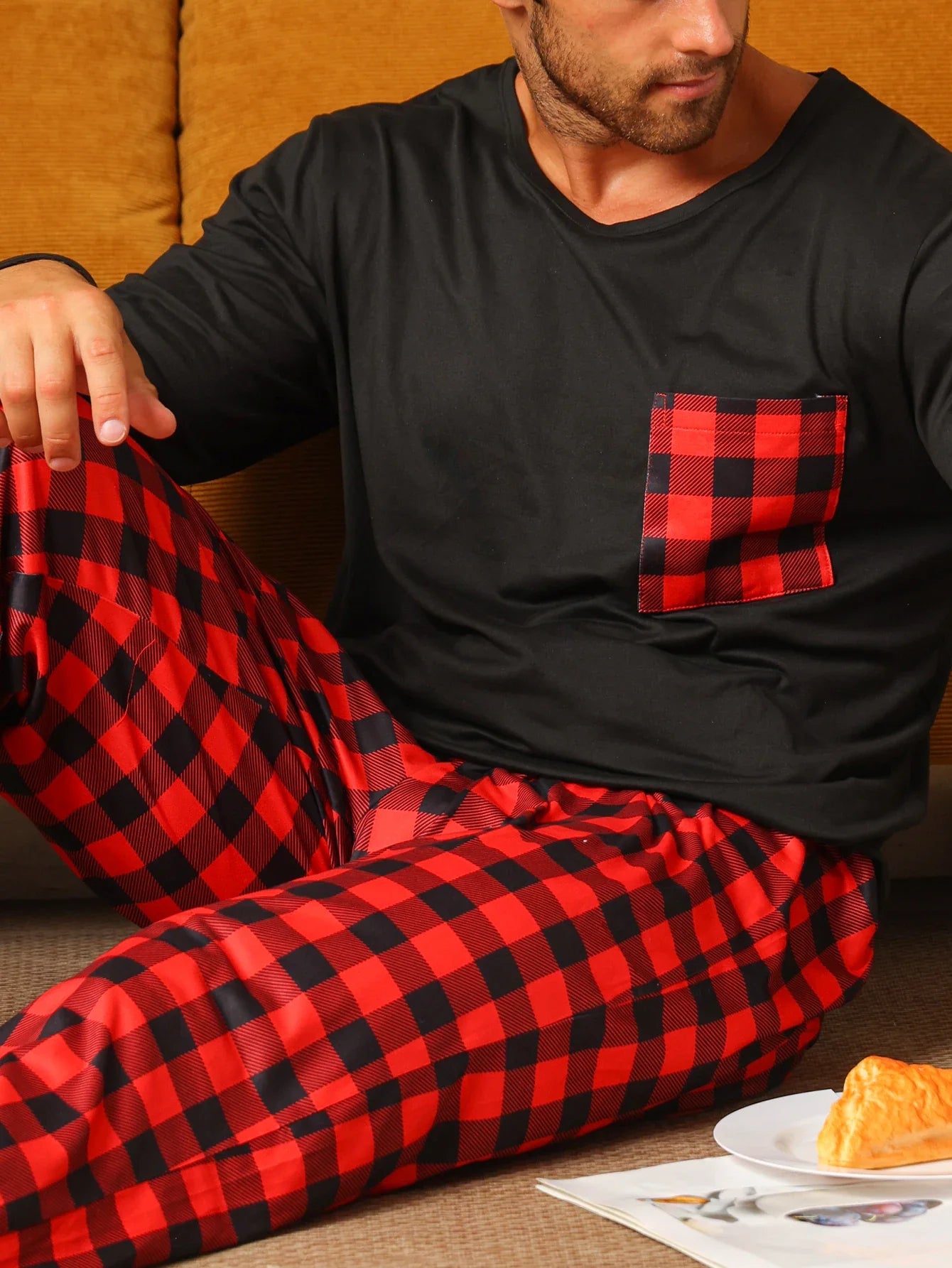 Men's Check Pajama Set – Crew Neck Long Sleeve Chest Pocket Nightwear