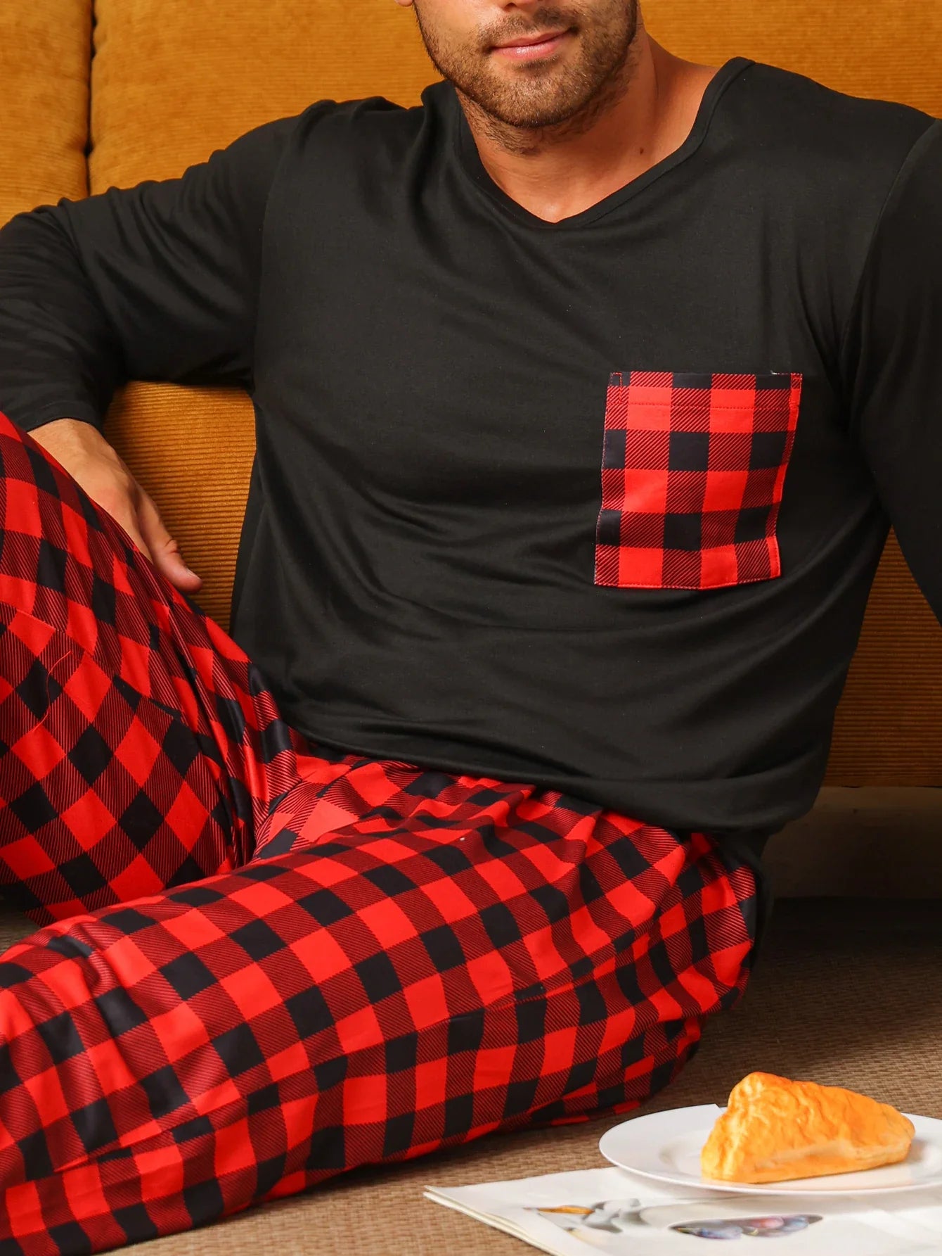 Men's Check Pajama Set – Crew Neck Long Sleeve Chest Pocket Nightwear