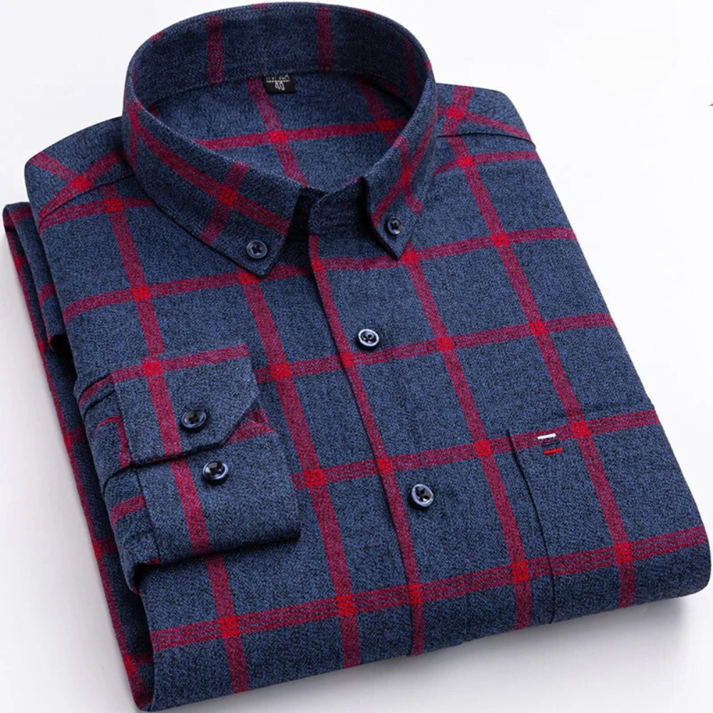 Men's Check Plaid Long Sleeve Shirt – Button Down Collar Chest Pocket Casual