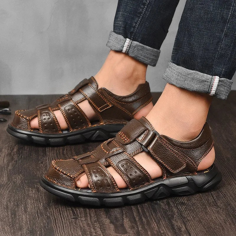 Men's Closed Toe Sandals – Hook Loop Ankle Strap Cutout Upper Summer Casual