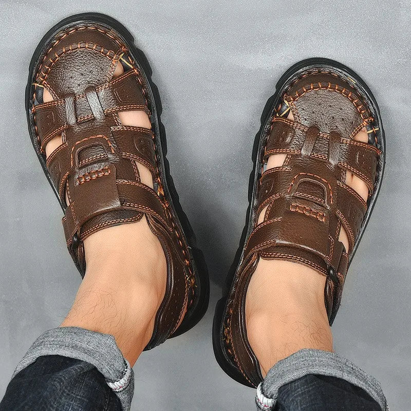 Men's Closed Toe Sandals – Hook Loop Ankle Strap Cutout Upper Summer Casual