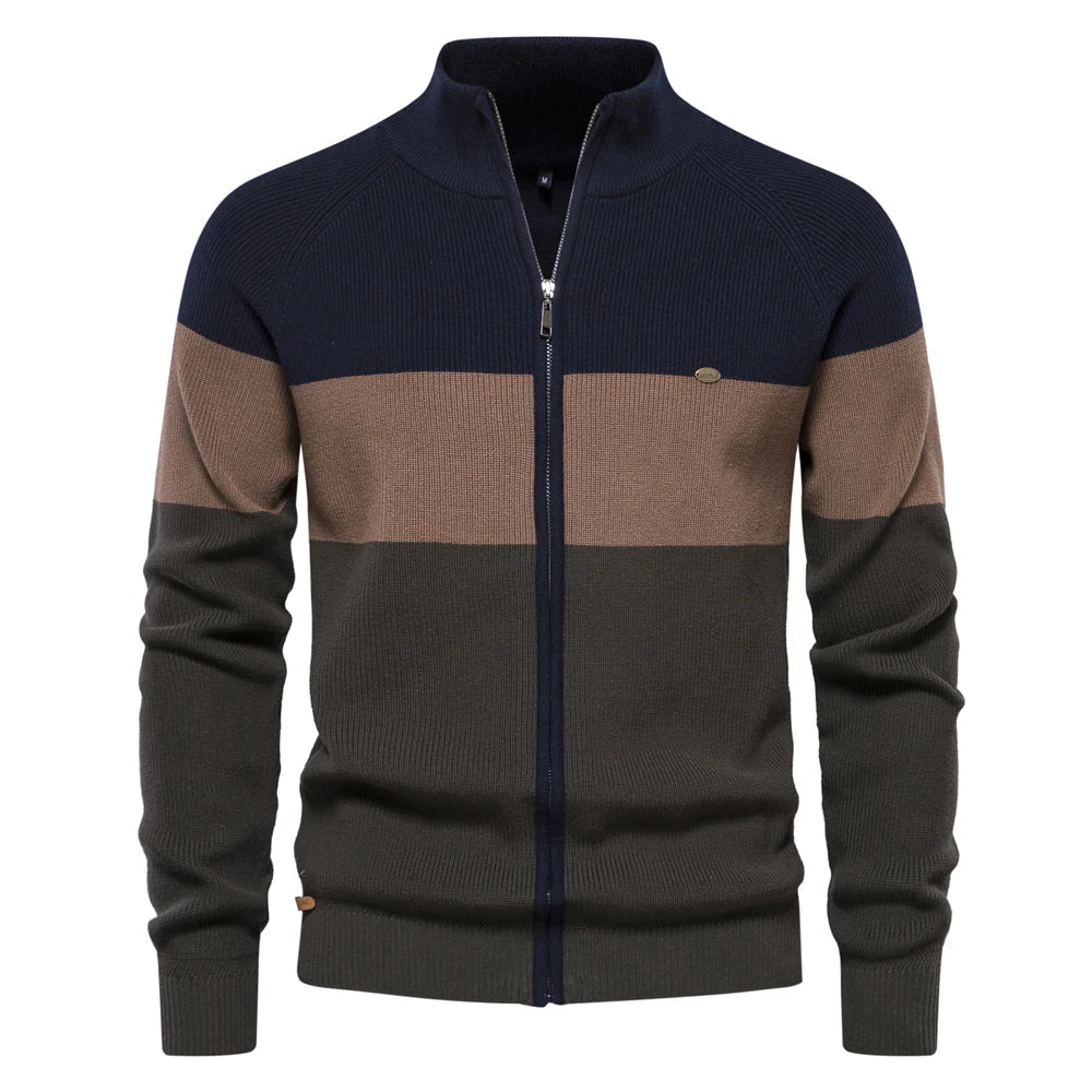 Men's Color Block Full Zip Cardigan – Stand Collar Long Sleeve Everyday Wear