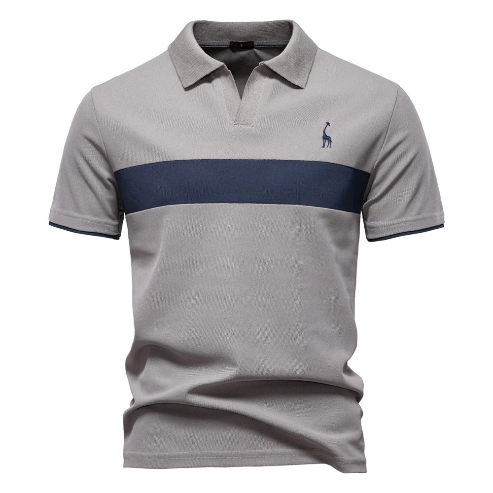 Men's Color Block Polo Shirt – Open Placket Embroidered Giraffe Golf