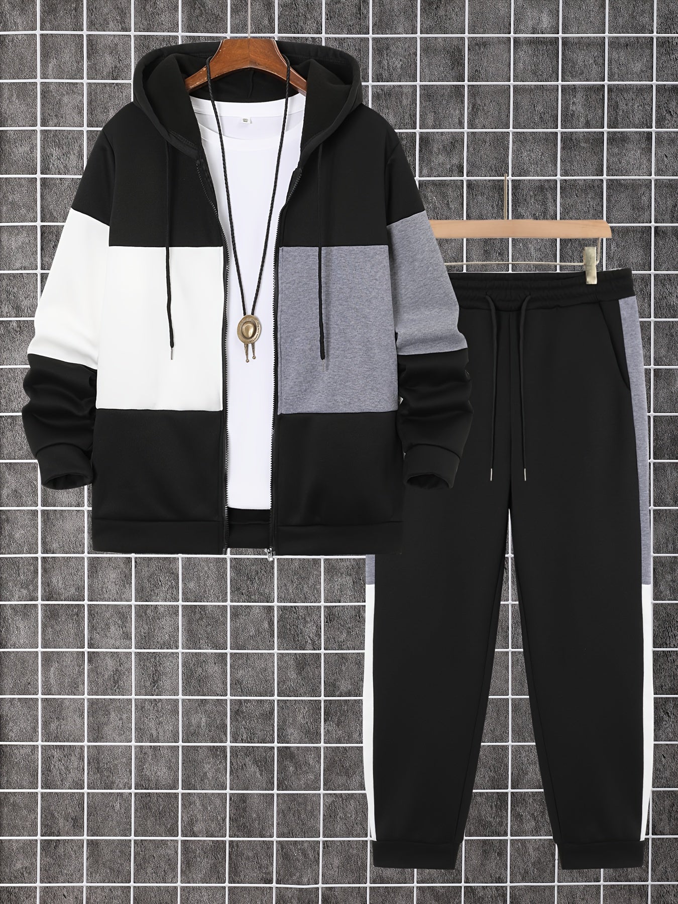 Men's Color Block Zip Up Hoodie and Jogger Pants – 2 Piece Tracksuit Set