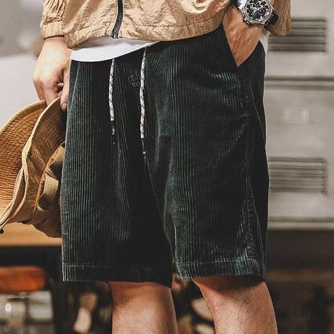 Men's Corduroy Drawstring Shorts – Pull On Back Pocket Mid Length Casual