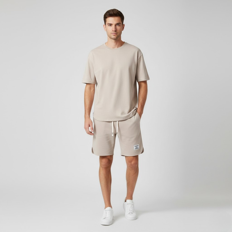 Men's Crew Neck T-Shirt 2 Piece Set – Drawstring Shorts Woven Label Casual