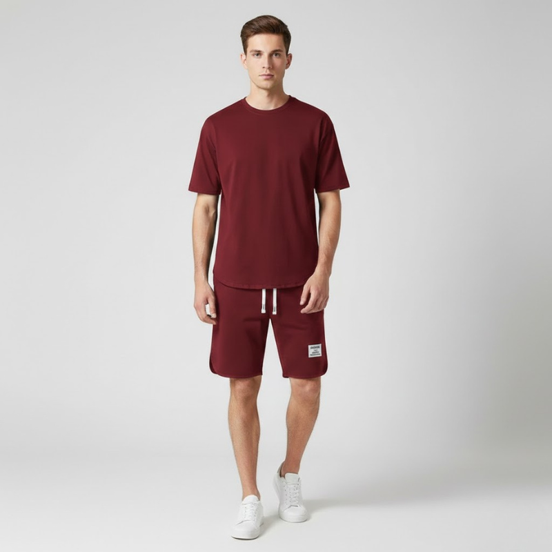 Men's Crew Neck T-Shirt 2 Piece Set – Drawstring Shorts Woven Label Casual
