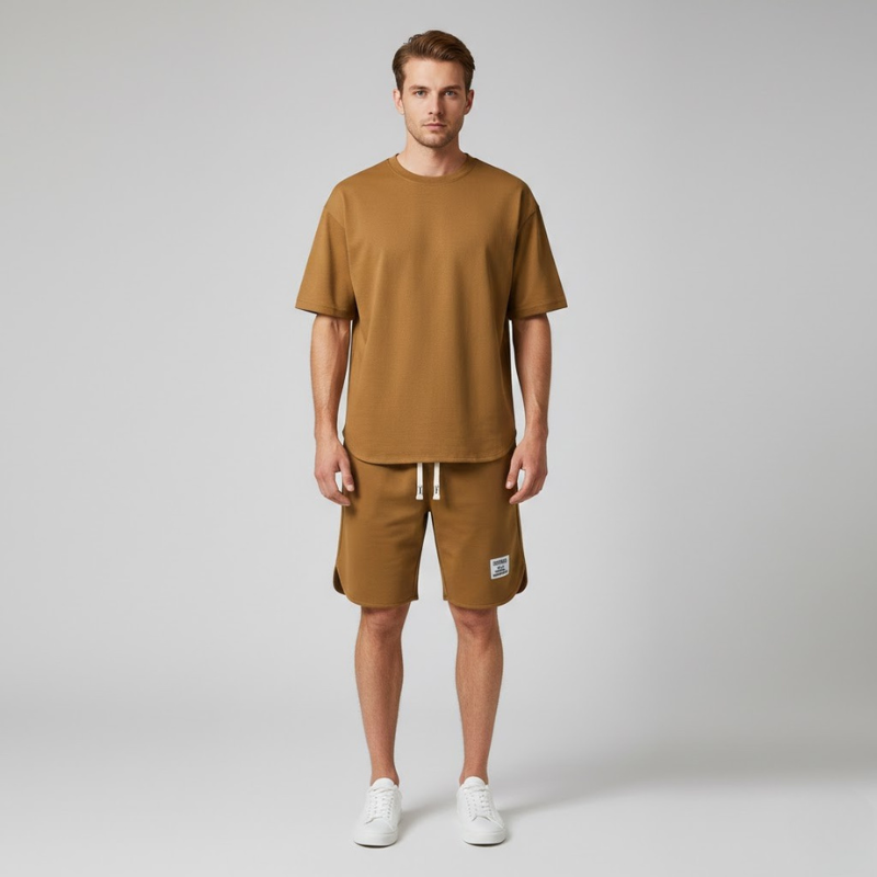 Men's Crew Neck T-Shirt 2 Piece Set – Drawstring Shorts Woven Label Casual