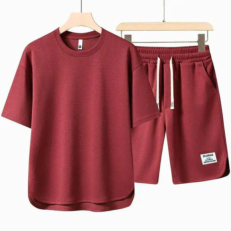 Men's Crew Neck T-Shirt 2 Piece Set – Drawstring Shorts Woven Label Casual