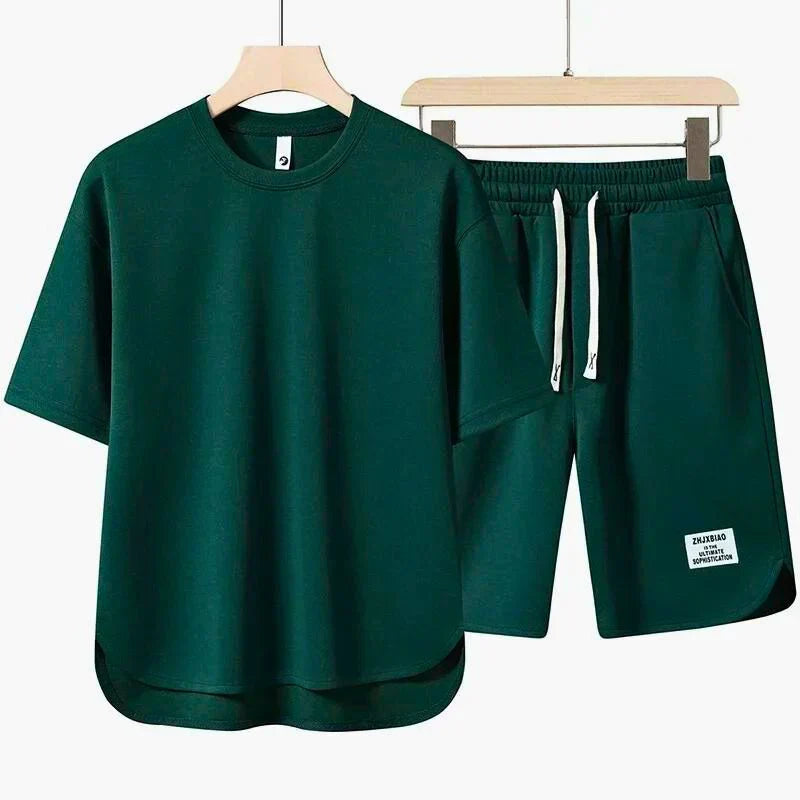 Men's Crew Neck T-Shirt 2 Piece Set – Drawstring Shorts Woven Label Casual
