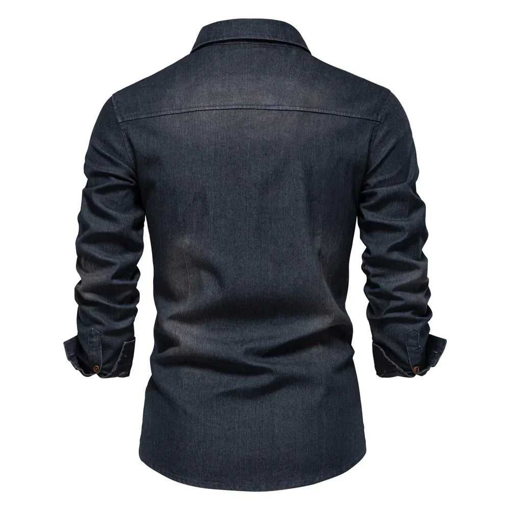 Men's Denim Long Sleeve Shirt – Dual Chest Pocket Button Down Casual