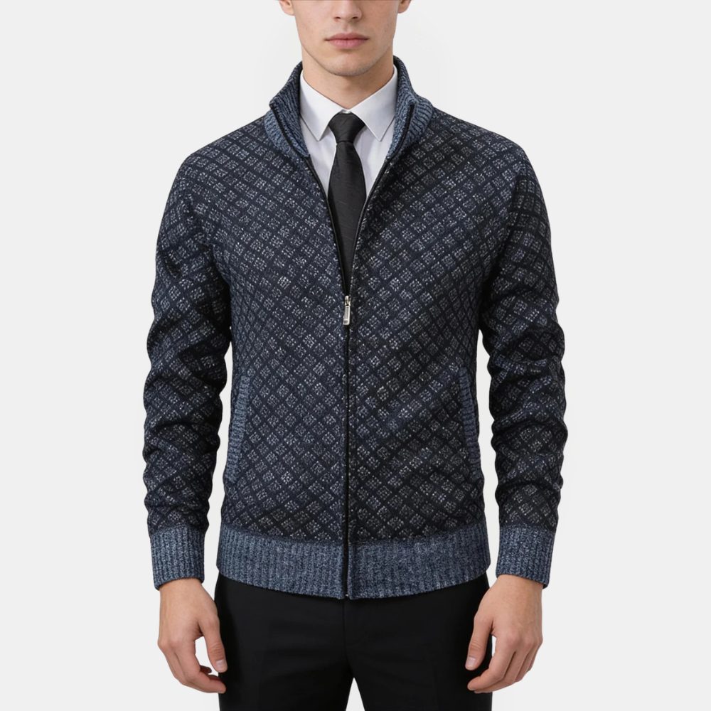 Men's Diamond Knit Full Zip Cardigan – Stand Collar Long Sleeve Smart Casual