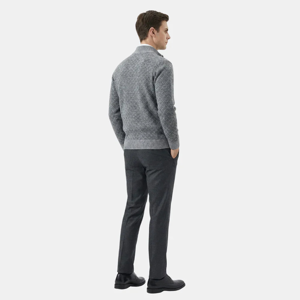 Men's Diamond Knit Full Zip Cardigan – Stand Collar Long Sleeve Smart Casual