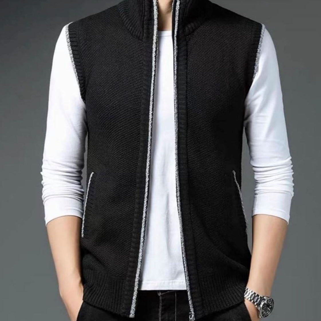 Men's Full Zip Stand Collar Cardigan Vest – Sleeveless Knit Casual Everyday Wear