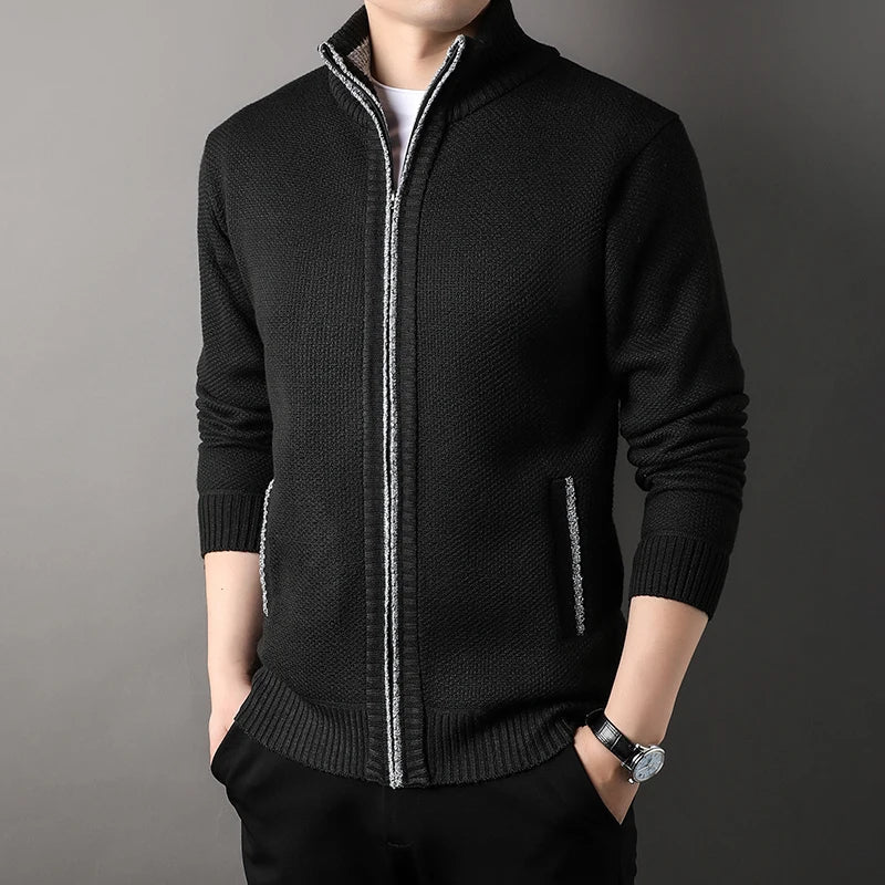Men's Full Zip Stand Collar Knit Cardigan – Slash Pocket Long Sleeve Casual
