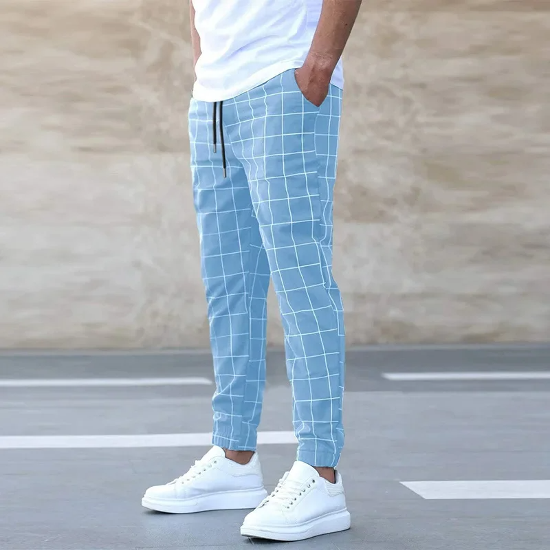 Men's Grid Print Jogger Pants – Drawstring Tapered Ankle Cuff Casual Street