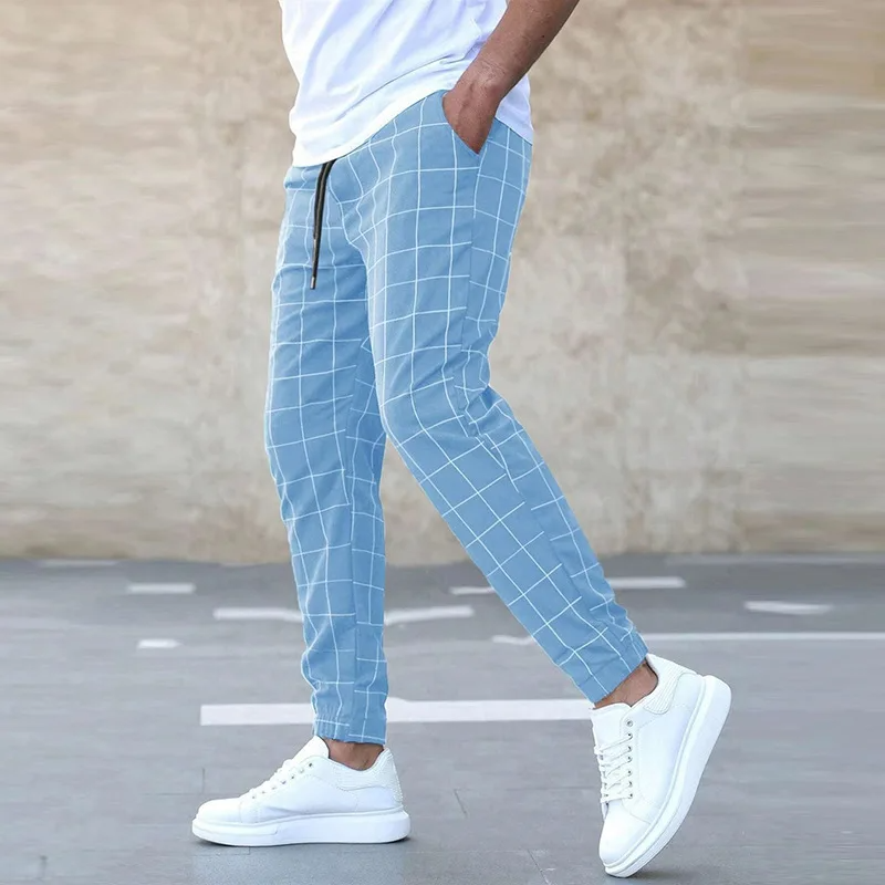 Men's Grid Print Jogger Pants – Drawstring Tapered Ankle Cuff Casual Street