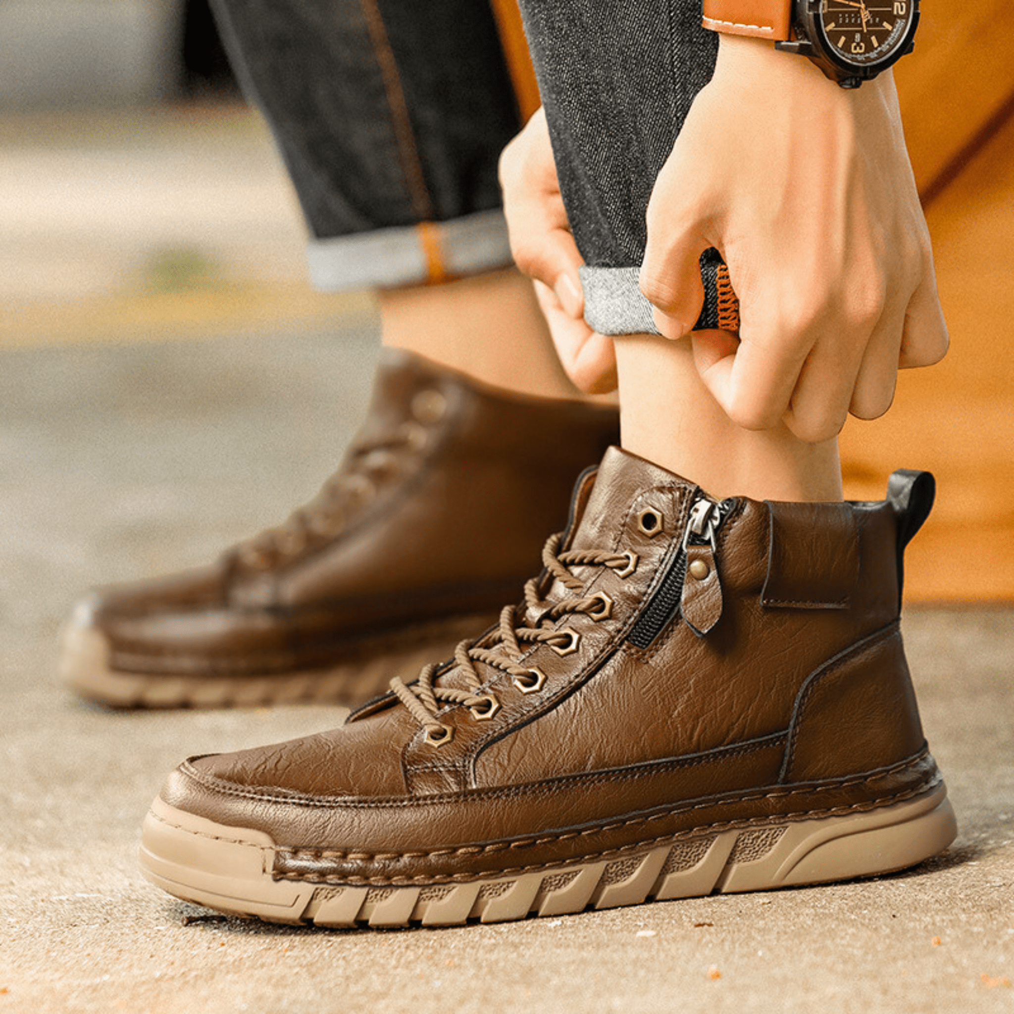 Men's High Top Lace Up Ankle Boots – Side Zip Lug Sole Casual