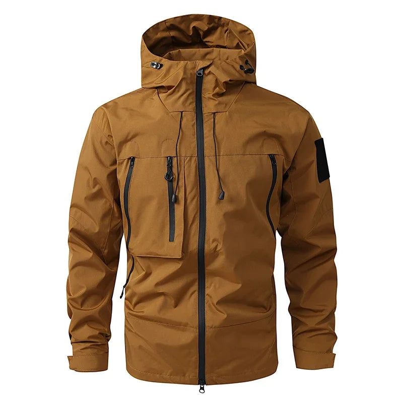 Men's Hooded Zip Front Multi Pocket Windbreaker Jacket – Long Sleeve Outdoor Wear