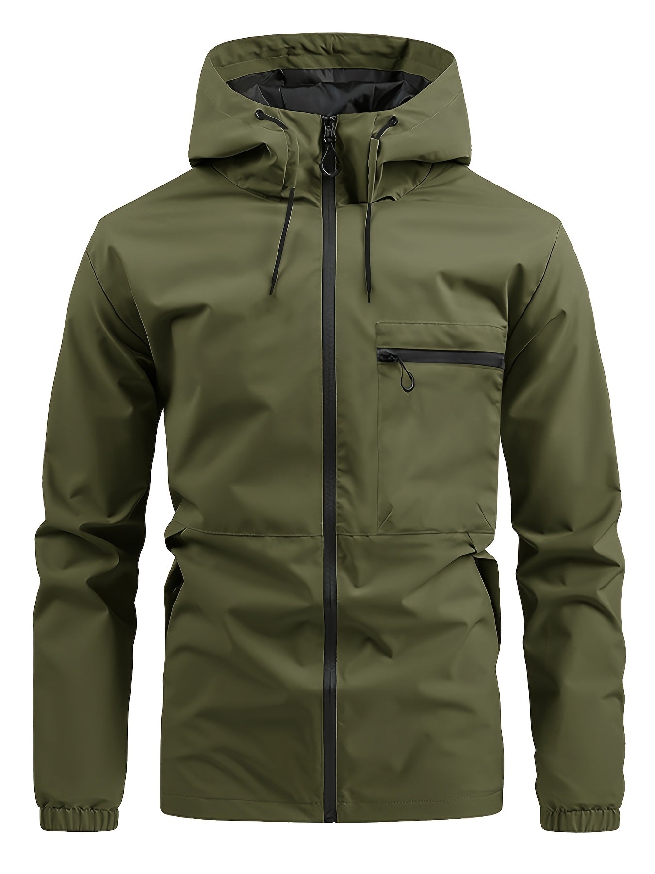 Men's Hooded Zip Front Windbreaker Jacket – Chest Pocket Long Sleeve Outdoor Wear