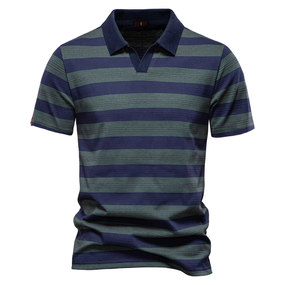 Men's Horizontal Stripe Knit Polo – Open Placket Short Sleeve Golf Casual