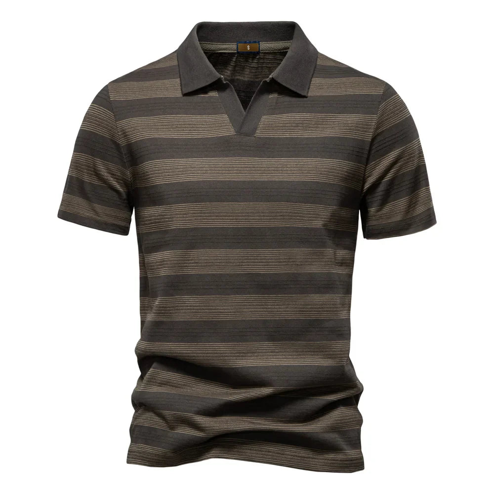 Men's Horizontal Stripe Knit Polo – Open Placket Short Sleeve Golf Casual