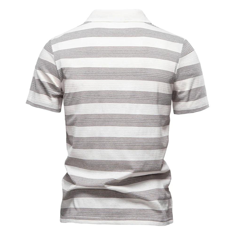 Men's Horizontal Stripe Knit Polo – Open Placket Short Sleeve Golf Casual