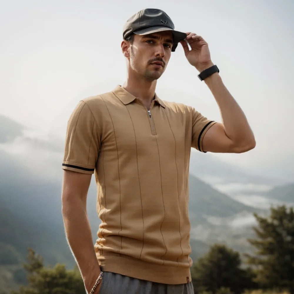 Men's Knit Striped Quarter Zip Polo – Short Sleeve Contrast Cuff Golf