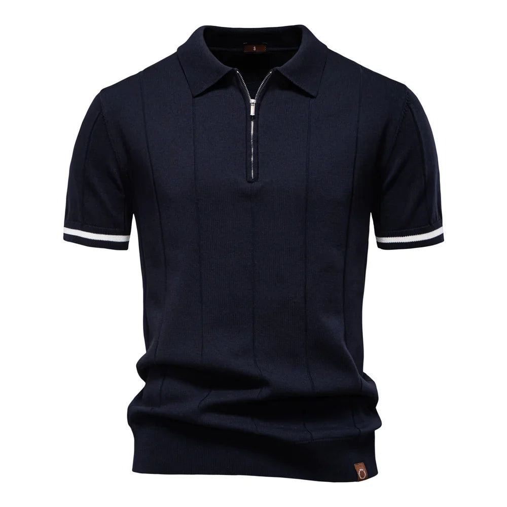 Men's Knit Striped Quarter Zip Polo – Short Sleeve Contrast Cuff Golf