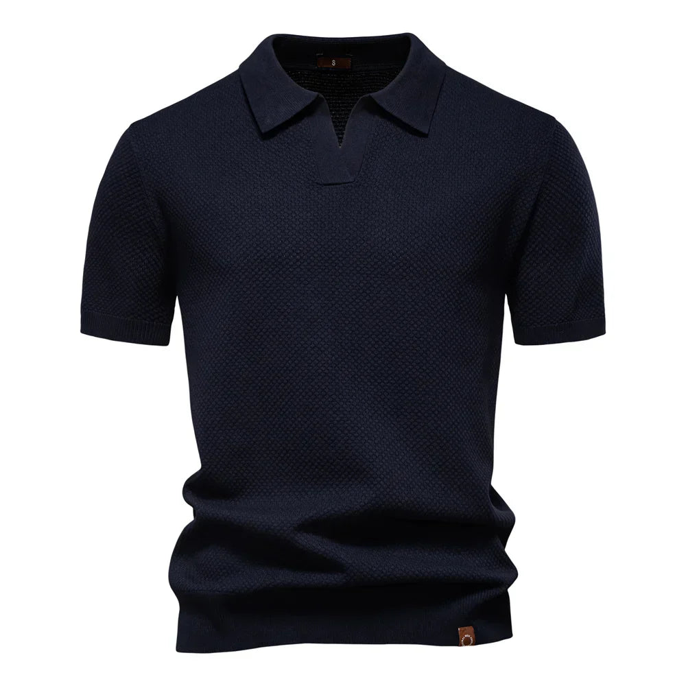Men's Knit Textured Polo Shirt – Buttonless Open Collar Short Sleeve Golf