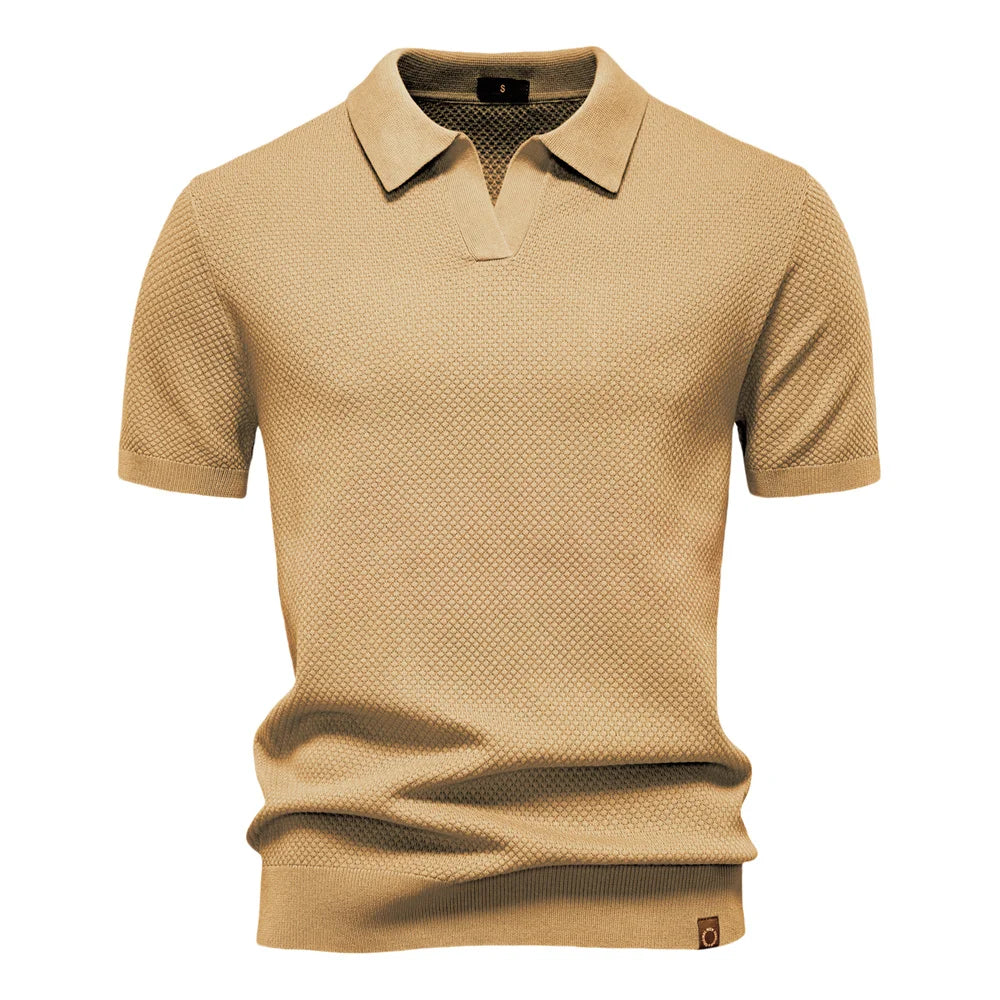 Men's Knit Textured Polo Shirt – Buttonless Open Collar Short Sleeve Golf