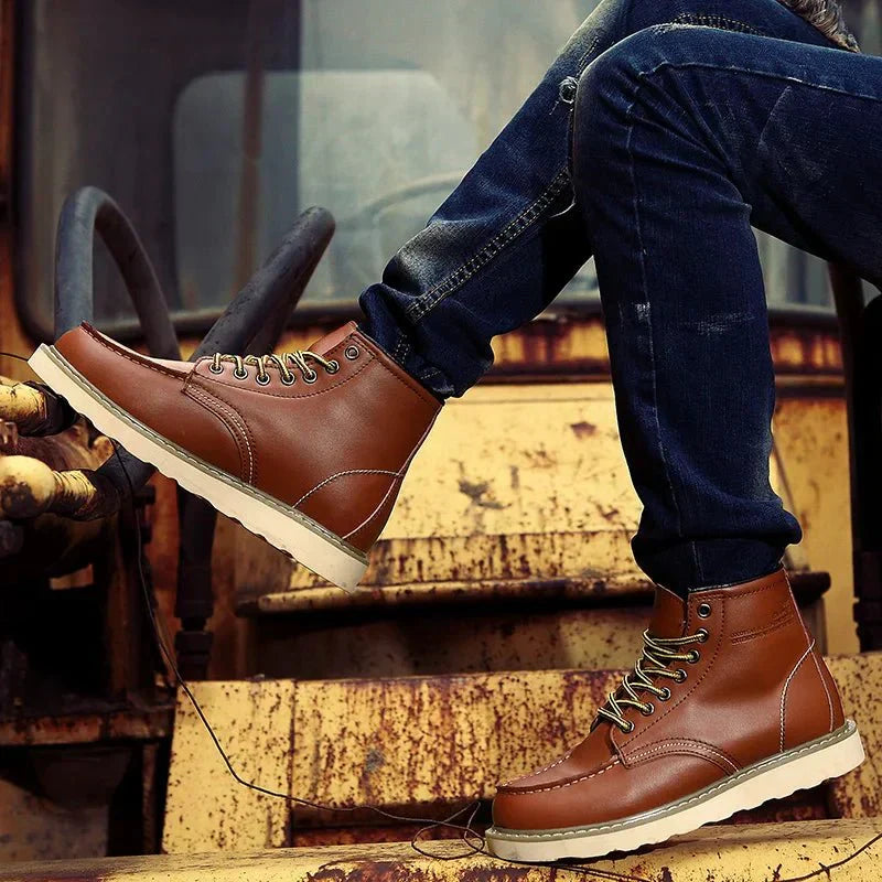 Men's Lace-Up Moc Toe Ankle Boots – Contrast Sole Casual Work Boot