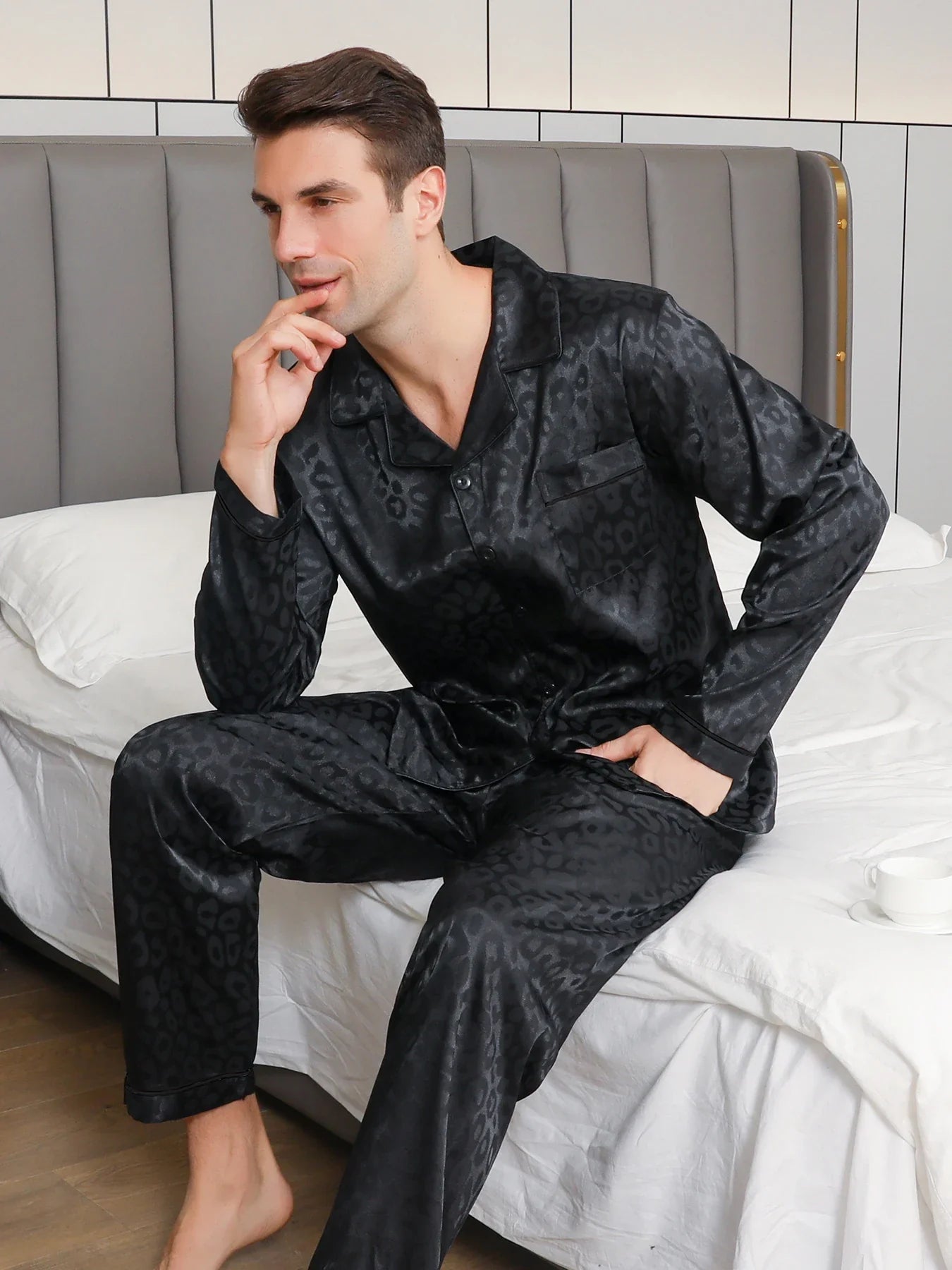 Men's Leopard Jacquard Pajama Set – Notch Collar Button Front Nightwear
