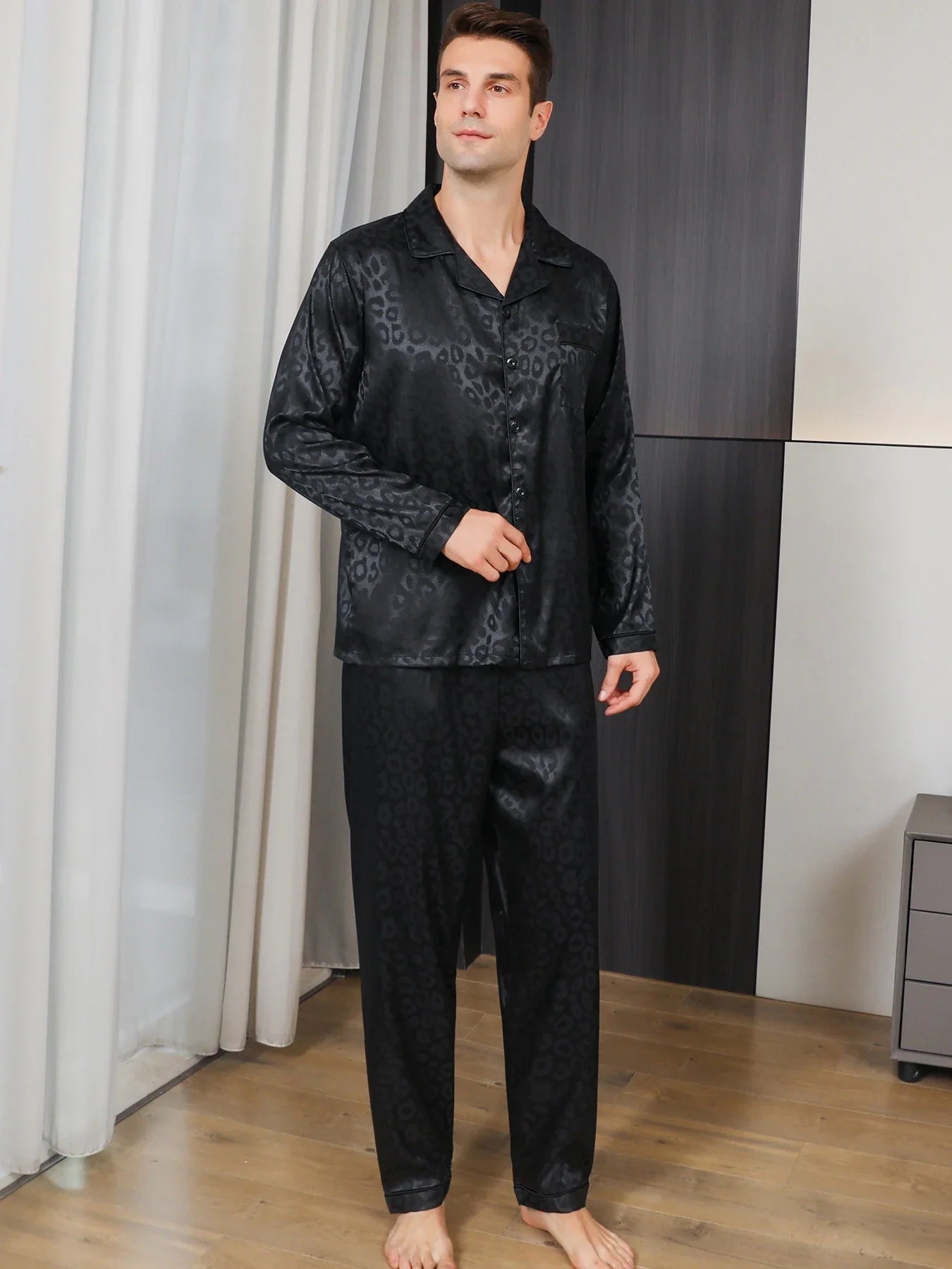 Men's Leopard Jacquard Pajama Set – Notch Collar Button Front Nightwear