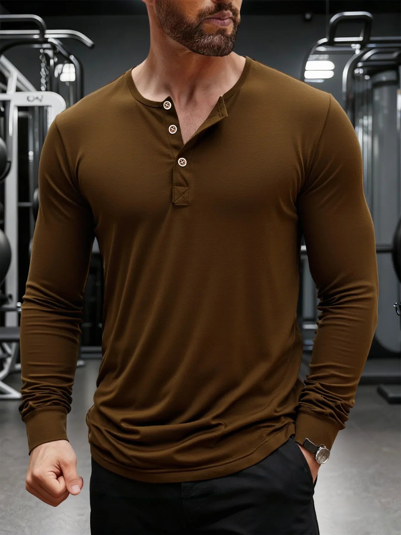Men's Long Sleeve Henley T-Shirt – Button Placket Round Neck Casual Everyday