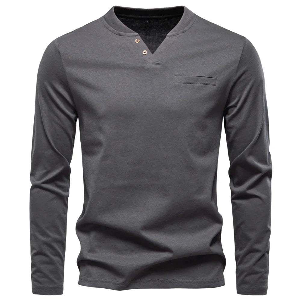 Men's Long Sleeve Henley T-Shirt – Button V Neck Chest Pocket Everyday