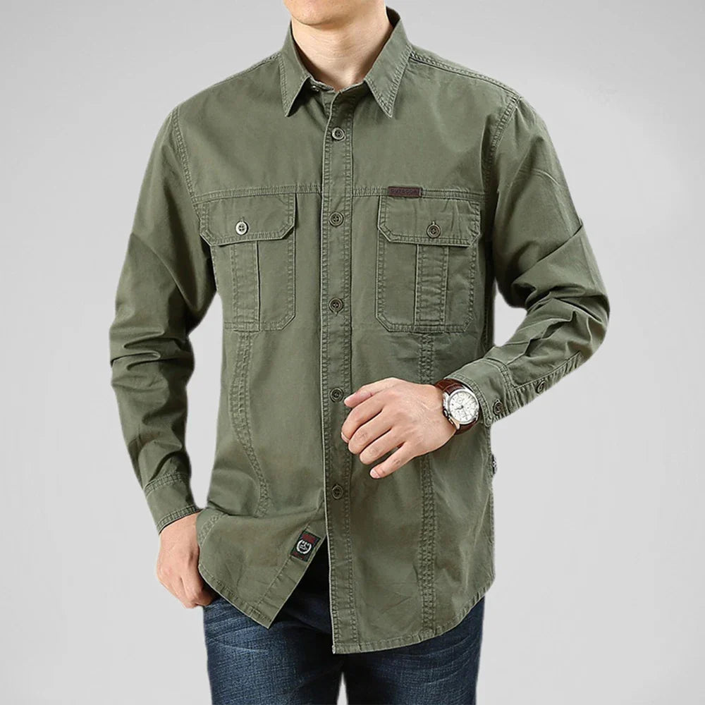 Men's Military Cargo Long Sleeve Shirt – Dual Chest Pocket Button Down Utility