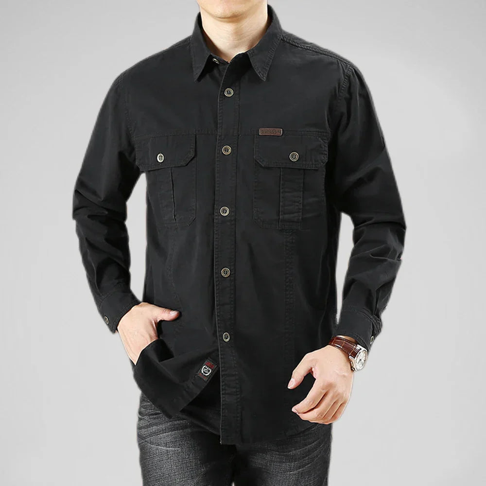 Men's Military Cargo Long Sleeve Shirt – Dual Chest Pocket Button Down Utility