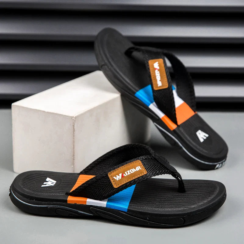 Men's Open Toe Striped Flip Flops – Textured Strap Thong Beach Summer Sandals