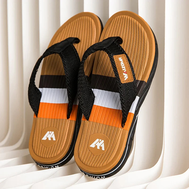 Men's Open Toe Striped Flip Flops – Textured Strap Thong Beach Summer Sandals