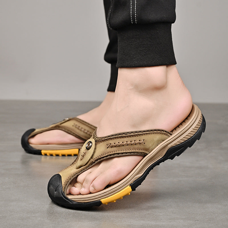 Men's Open Toe Y-Strap Flip Flops – Stitch Detail Chunky Sole Outdoor Casual
