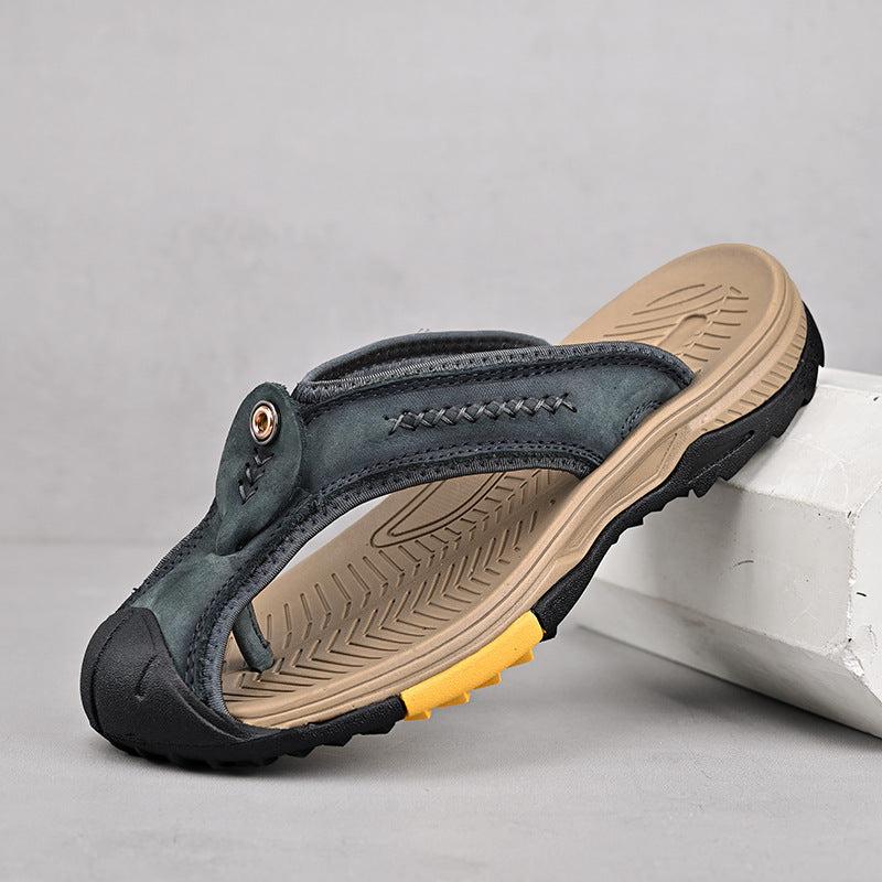 Men's Open Toe Y-Strap Flip Flops – Stitch Detail Chunky Sole Outdoor Casual